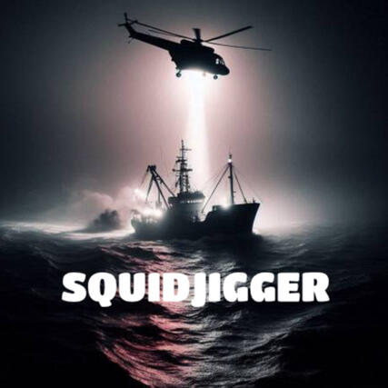 Squidjigger graphic A helicopter hovers over a ship in rough seas at night